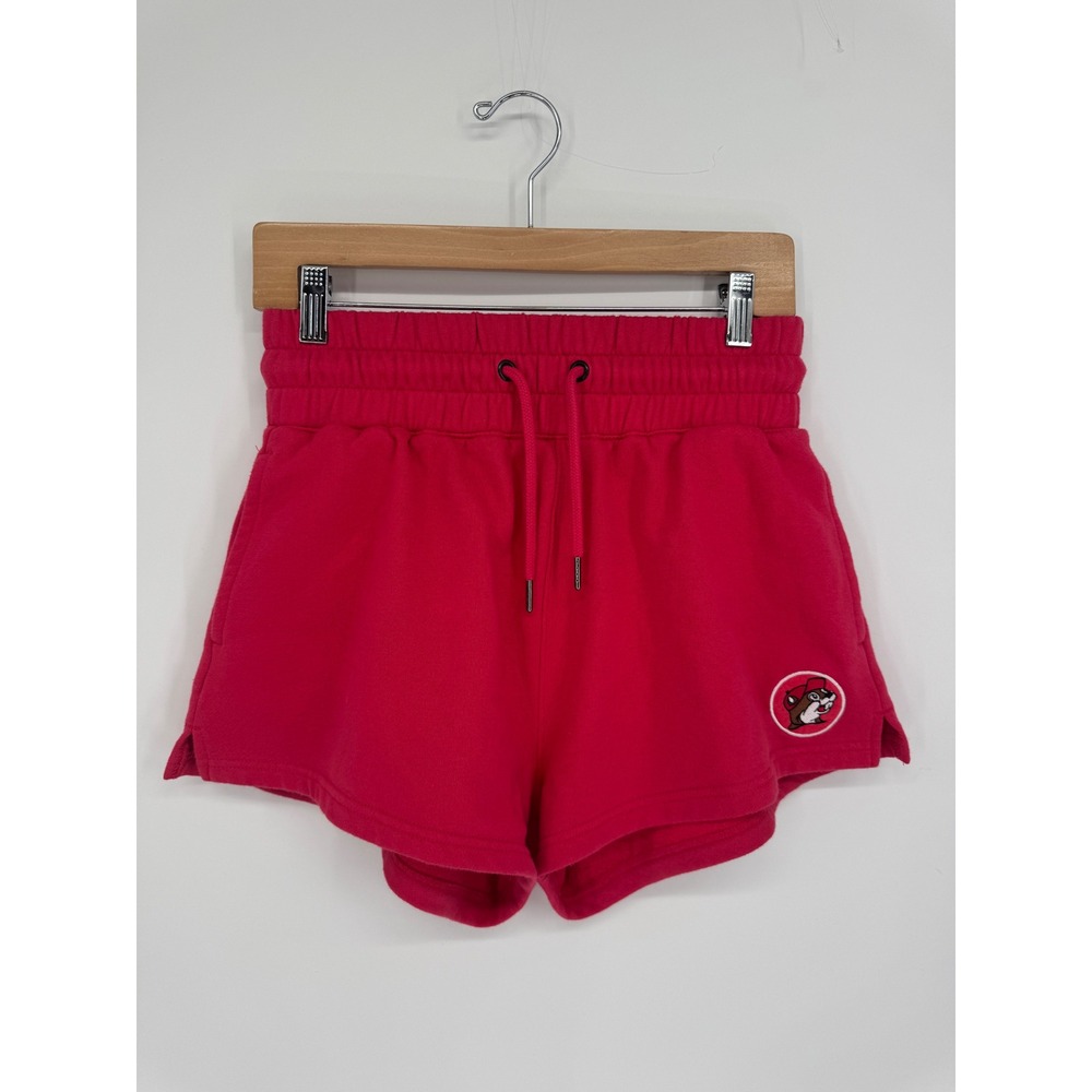 Buc-ee's Fleece Lounge Shorts Womens S Red Beaver Patch Drawstring Dolphin Hem